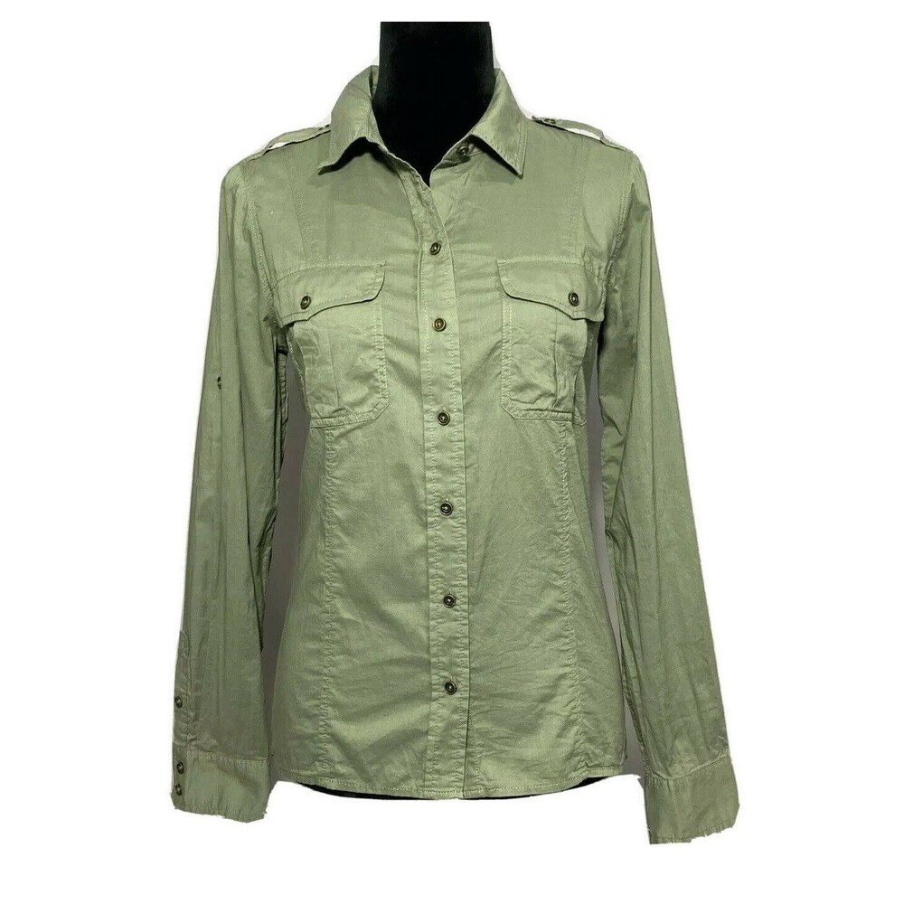 White House Black Market Top 6 Olive Green Button Long Sl Pocket Flap Shirt